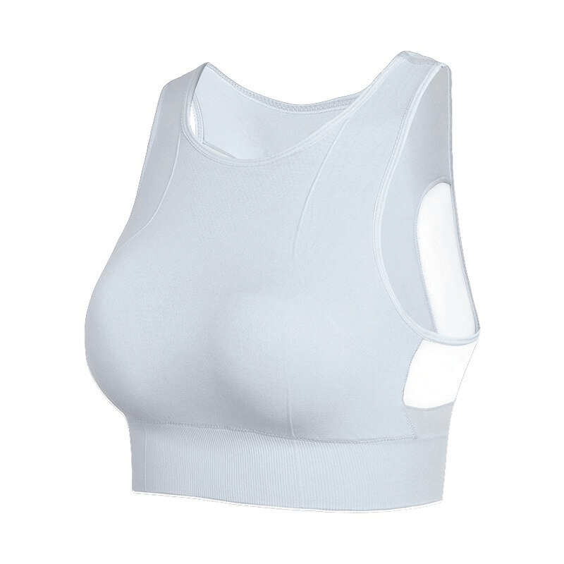 Quick-Drying Elastic Women's Sports Bra in gray with mesh back for training, offering breathability and shock absorption.